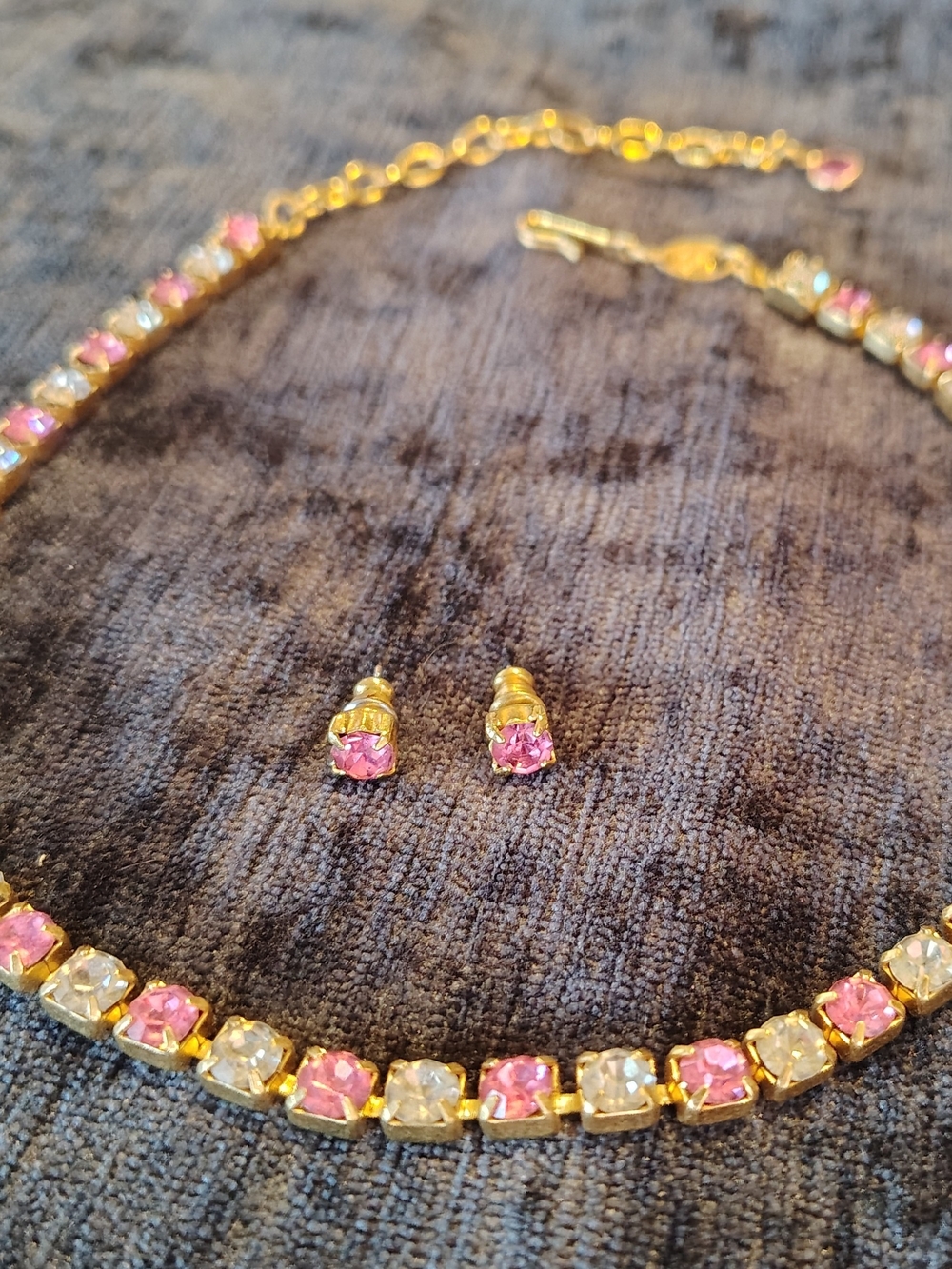 Vintage Trifari Gold-Tone Pink and Clear Crystal Tennis Necklace with Studs